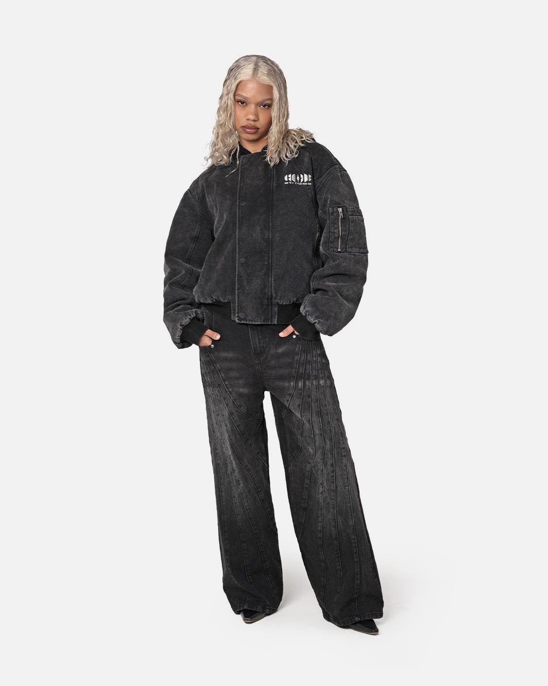 Puffed Bomber Jacket Black, product view 6 on a light grey background