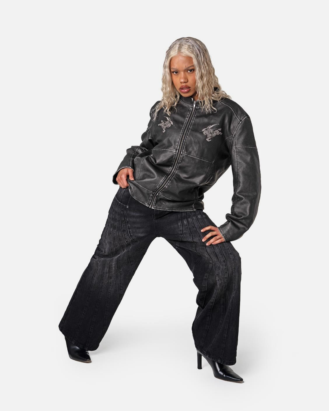 Biker Leather Jacket Vintage Black, product view 2 on a light grey background