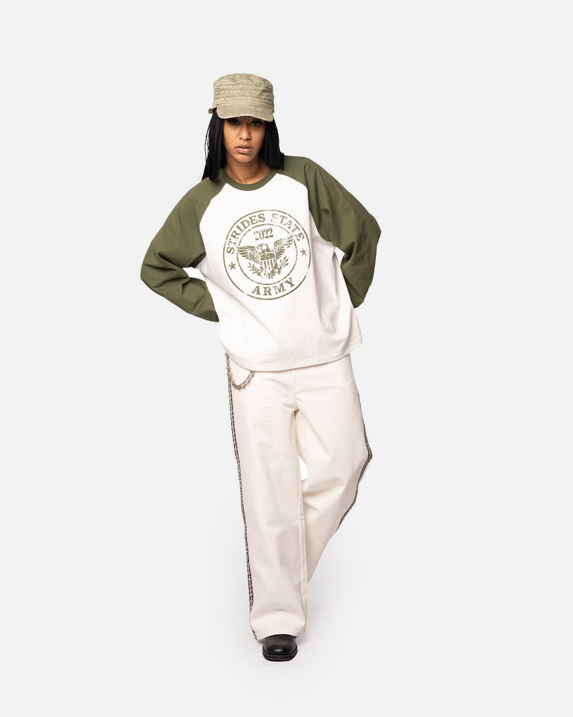 Army Raglan Longsleeve Olive, product view 2 on a light grey background
