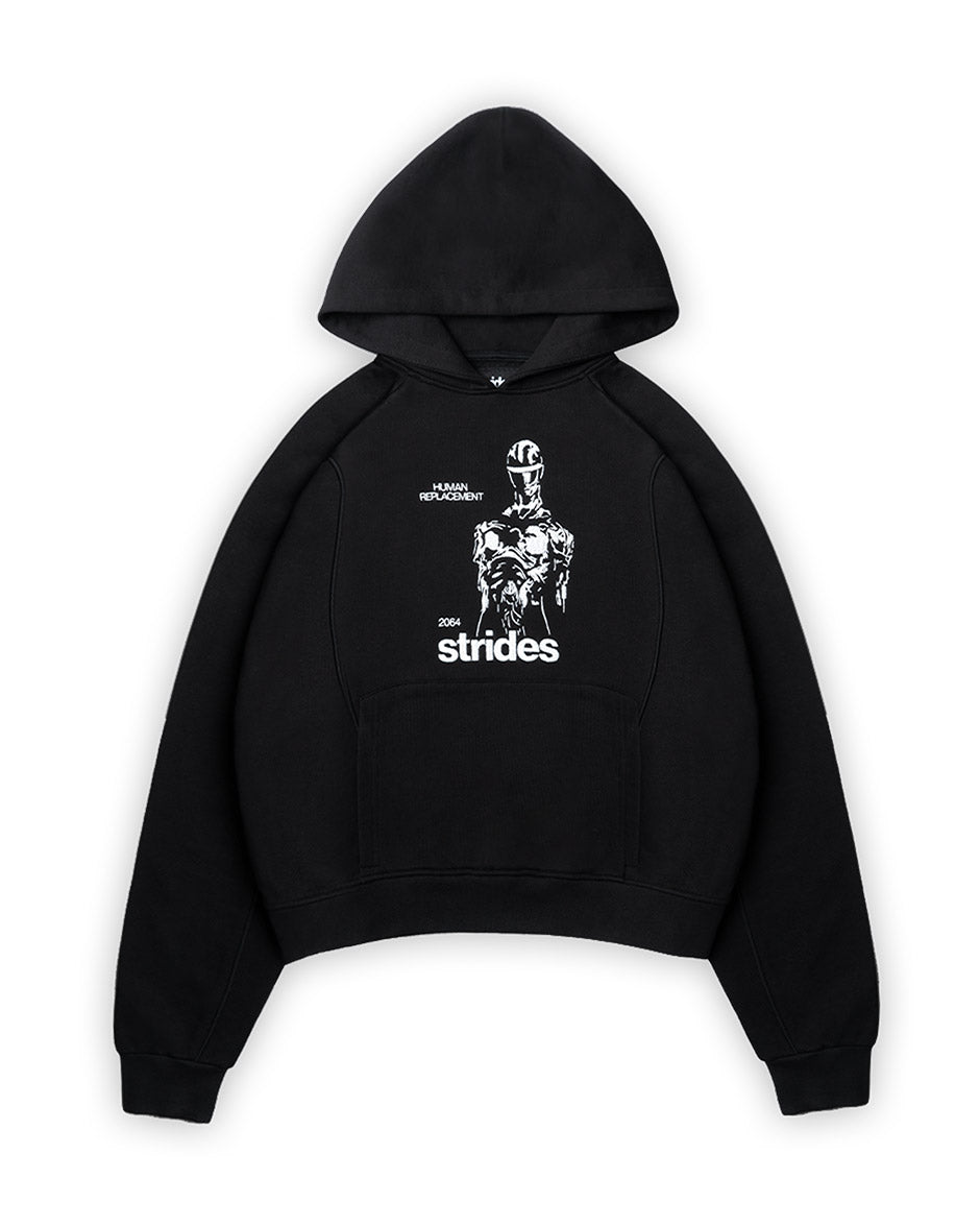 This image features a stylish and heavy-duty black hoodie. The hoodie is designed with a fully embroidered graphic on the front, depicting a detailed skeleton illustration, which adds an artistic touch to the apparel.