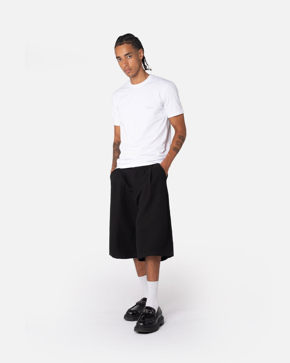 Tailored Pleat Shorts Black, product view 3 on a light grey background