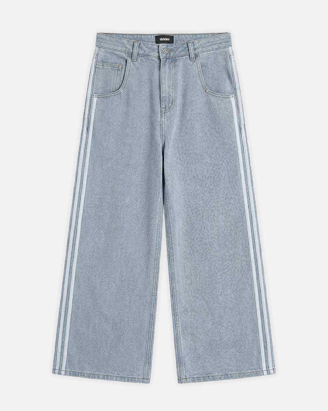 Track Denim Light Blue, flat lay, front view on a light grey background