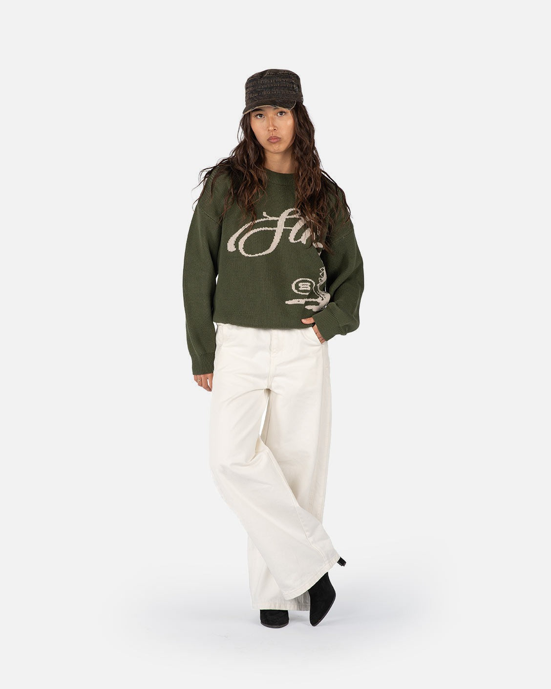 Echoes Knit Sweater Olive, product view 4 on a light grey background