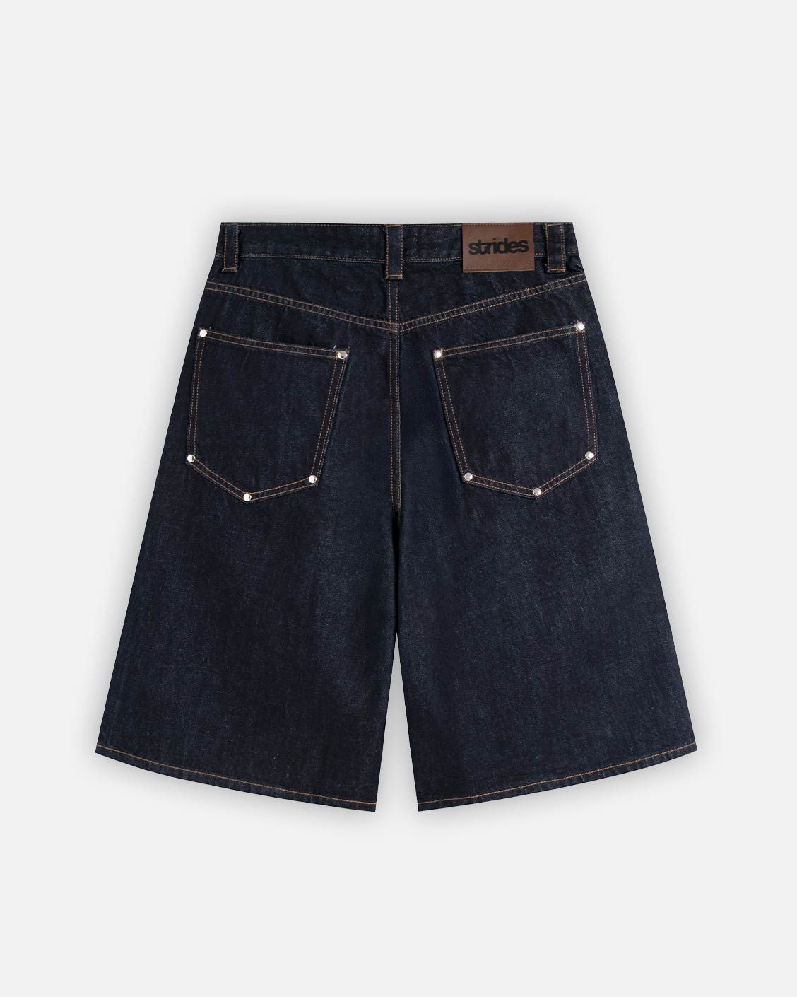 Raw Denim Rivet Jorts, product view 4 on a light grey background