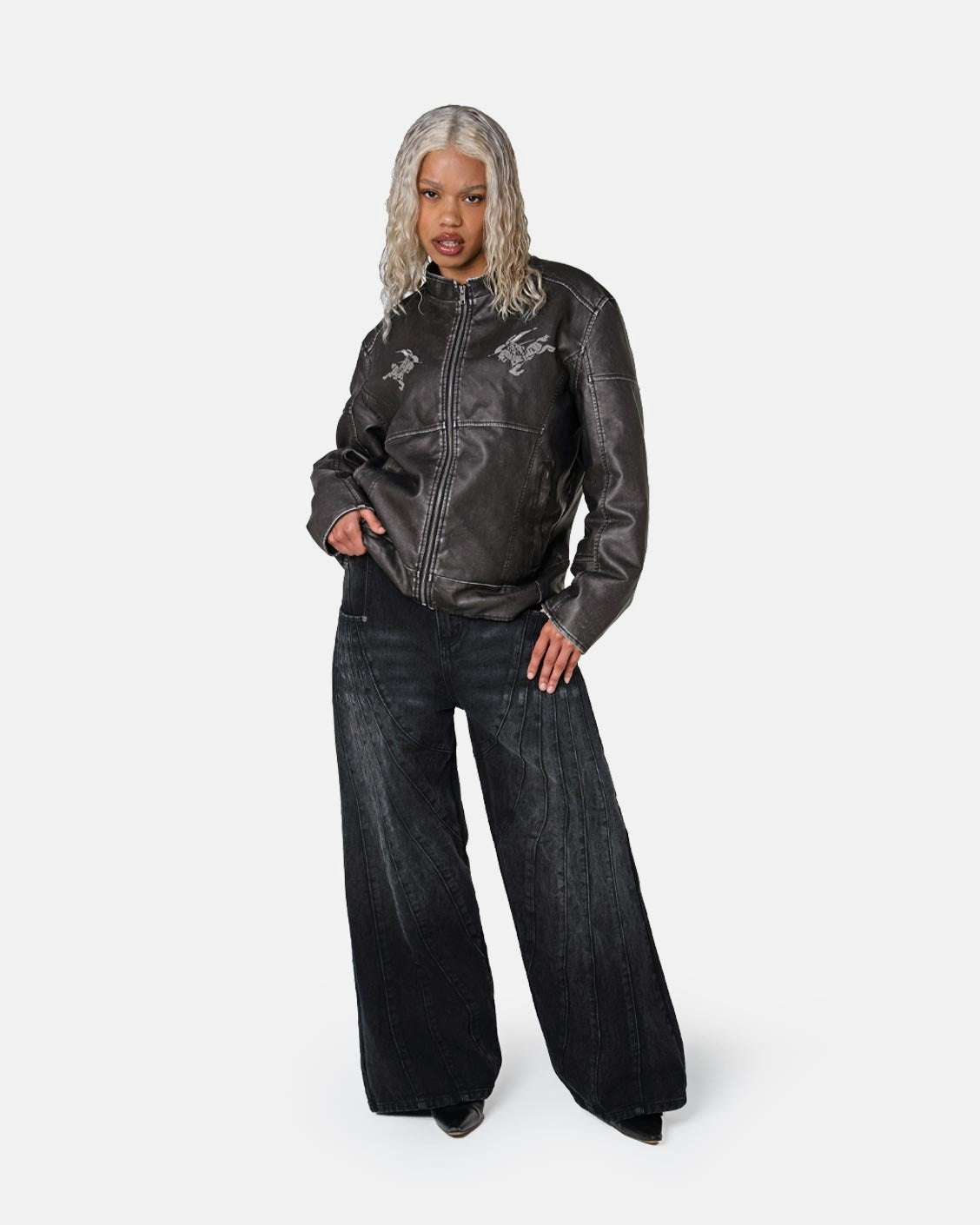 Biker Leather Jacket Vintage Black, product view 6 on a light grey background