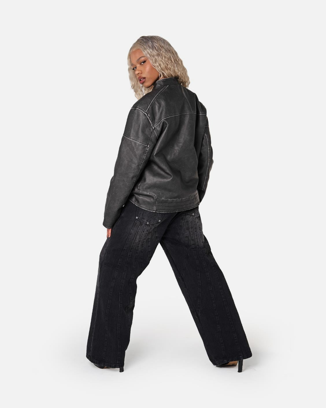 Biker Leather Jacket Vintage Black, product view 4 on a light grey background
