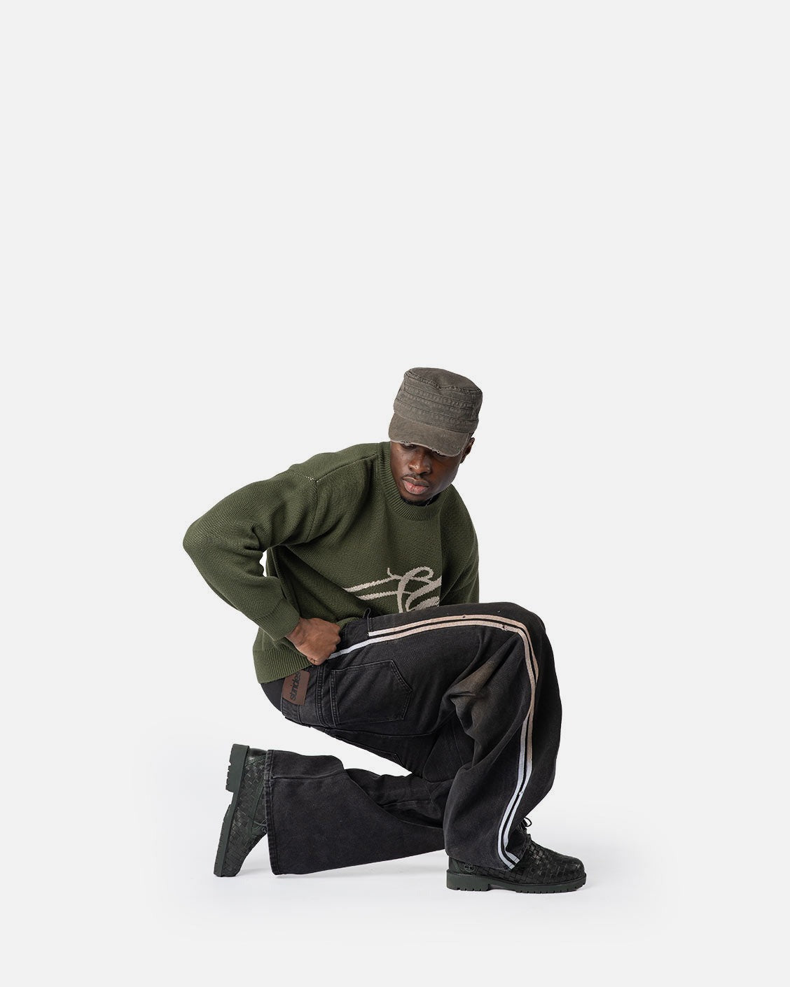 Echoes Knit Sweater Olive, product view 3 on a light grey background