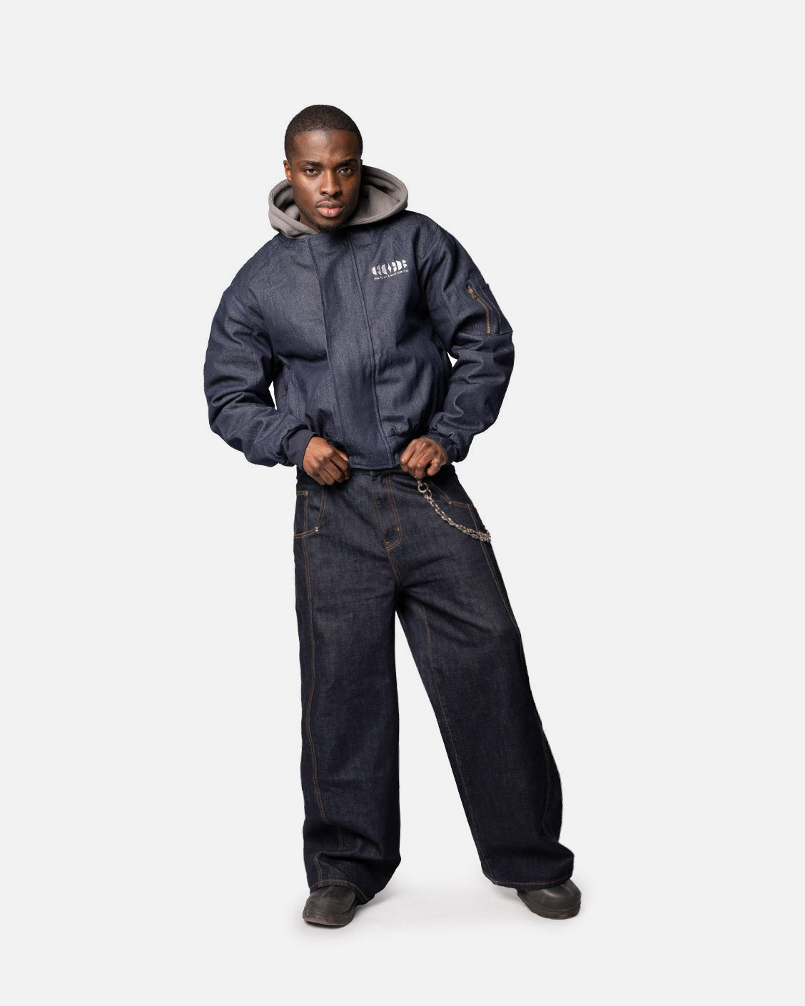 Puffed Raw Denim Bomber, product view 3 on a light grey background