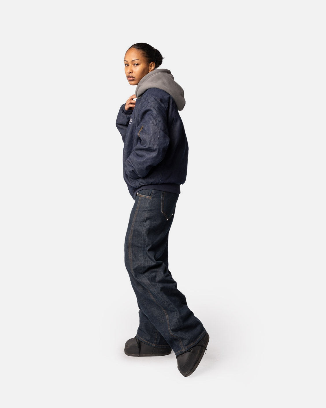 Puffed Raw Denim Bomber, product view 5 on a light grey background