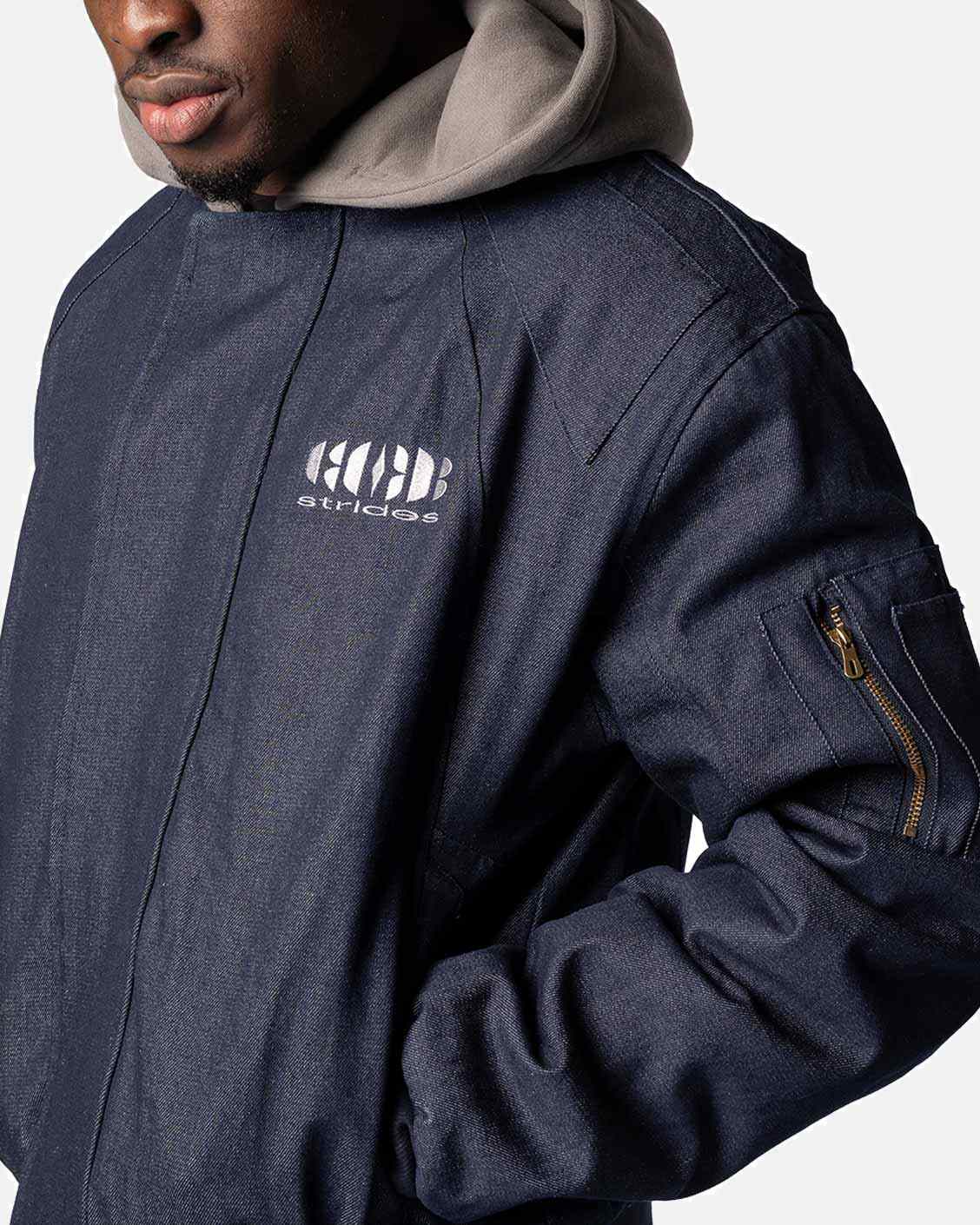 Puffed Raw Denim Bomber, product view 6 on a light grey background