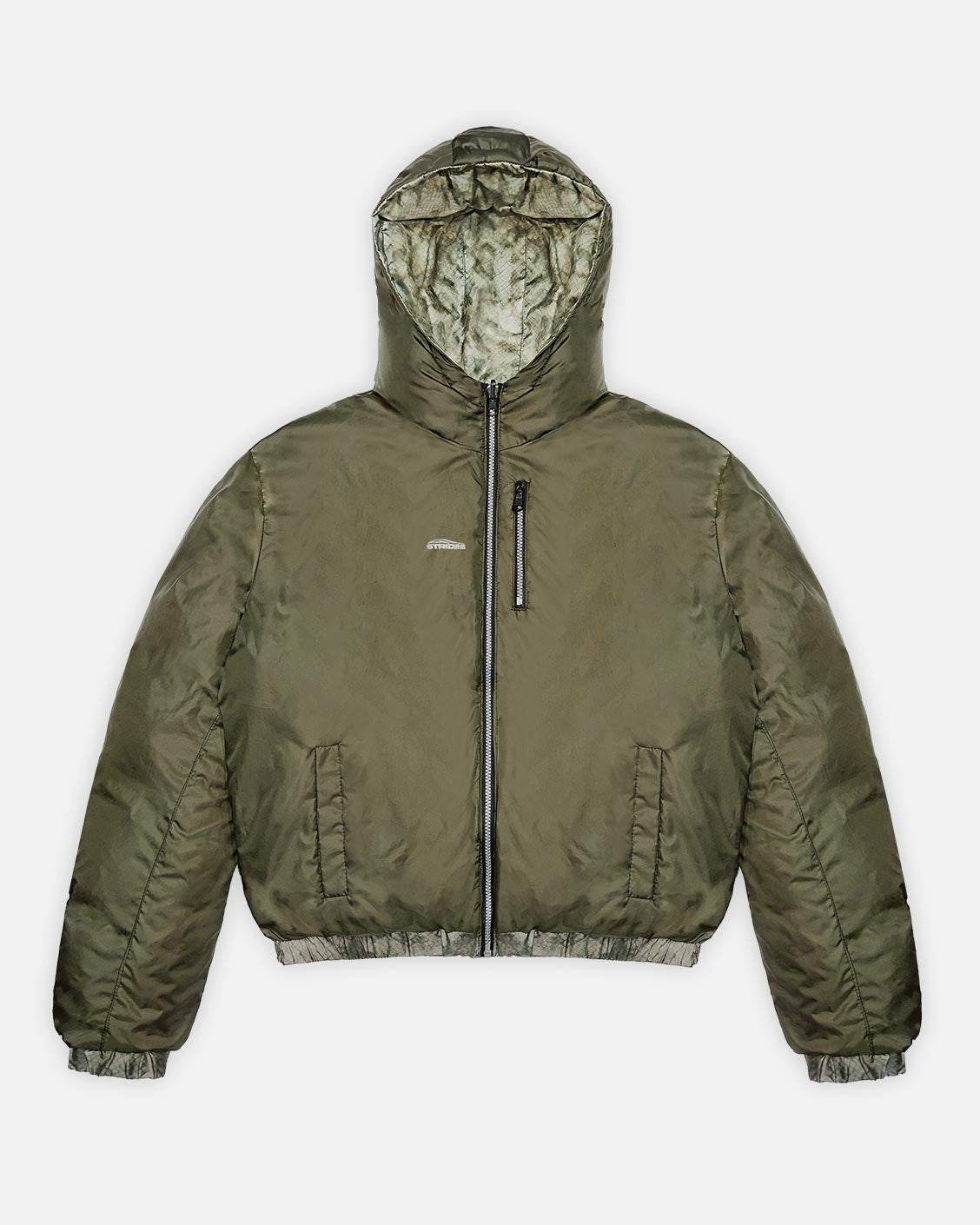 Reversible Snake Camou Puffer Olive, product view 10 on a light grey background