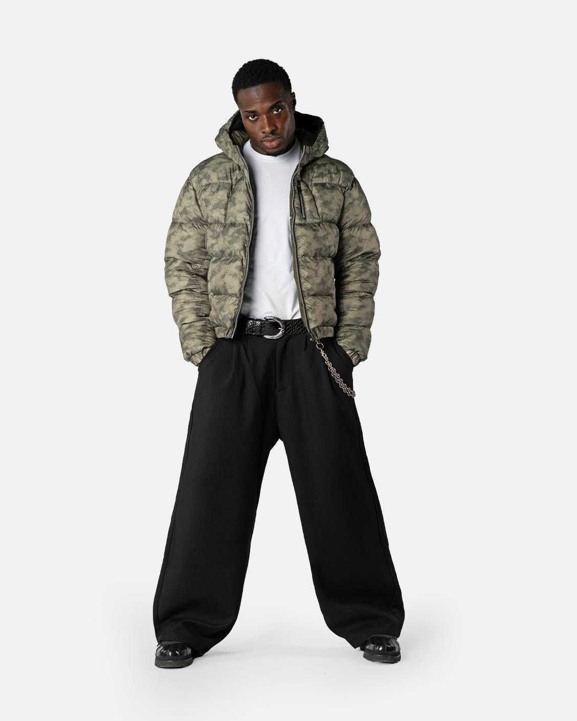 Reversible Snake Camou Puffer Olive, product view 2 on a light grey background