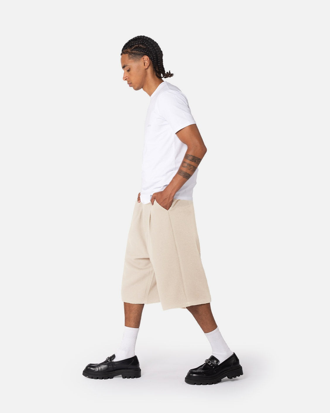 Tailored Pleat Shorts Beige, product view 1 on a light grey background
