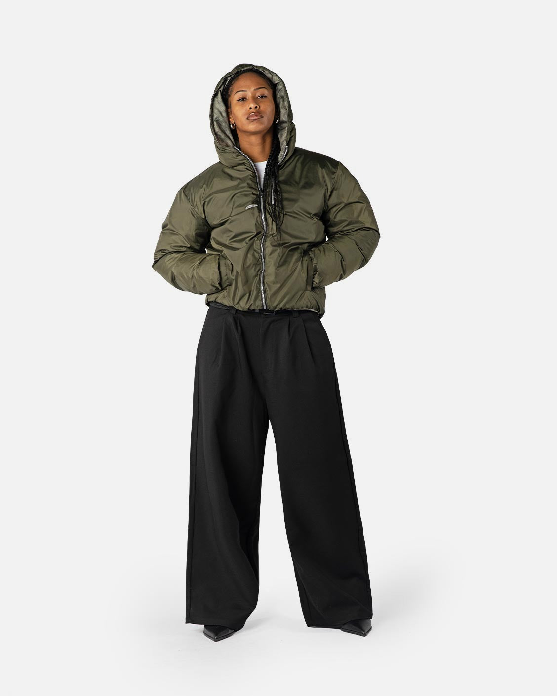 Reversible Snake Camou Puffer Olive, product view 1 on a light grey background