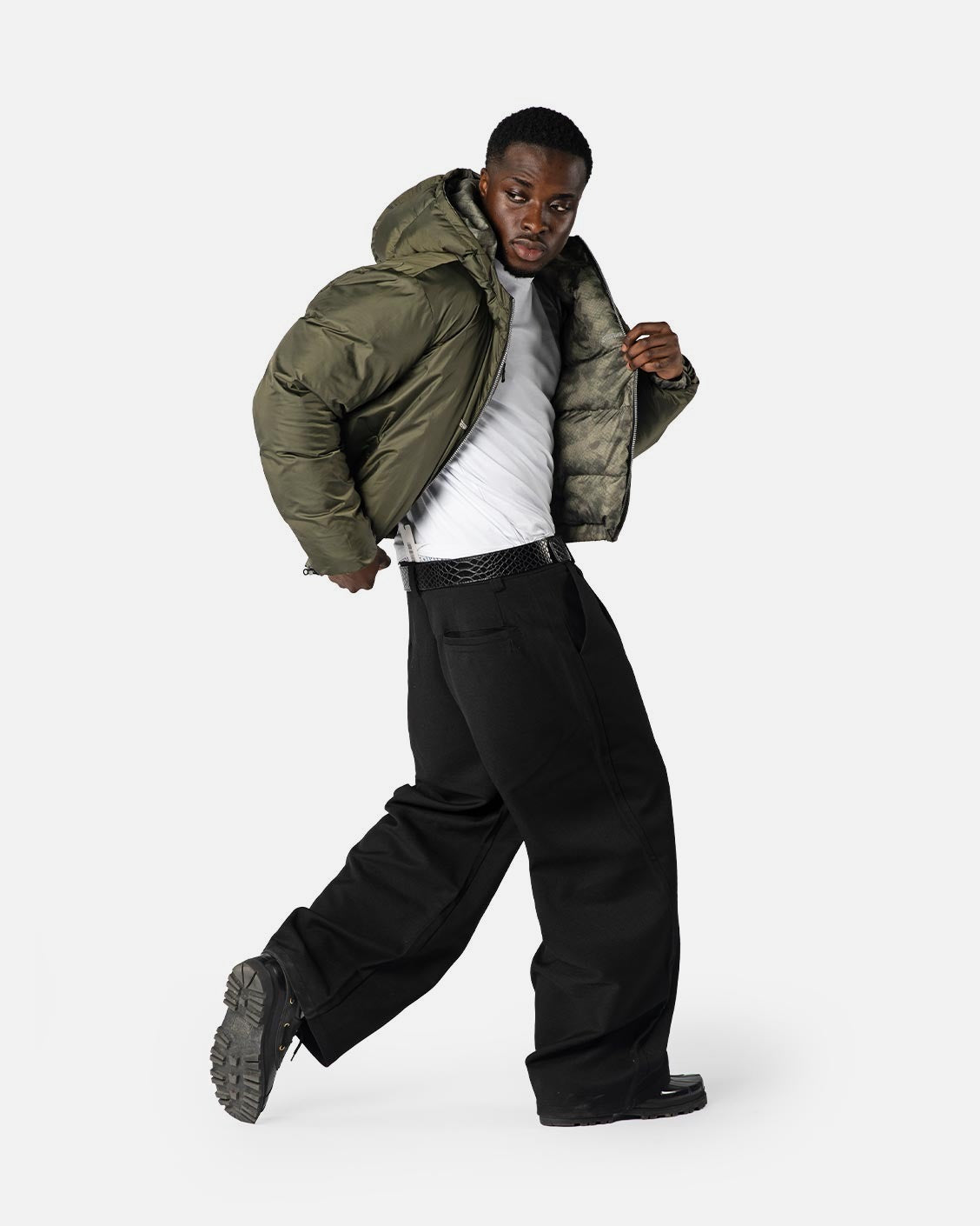 Reversible Snake Camou Puffer Olive, product view 6 on a light grey background