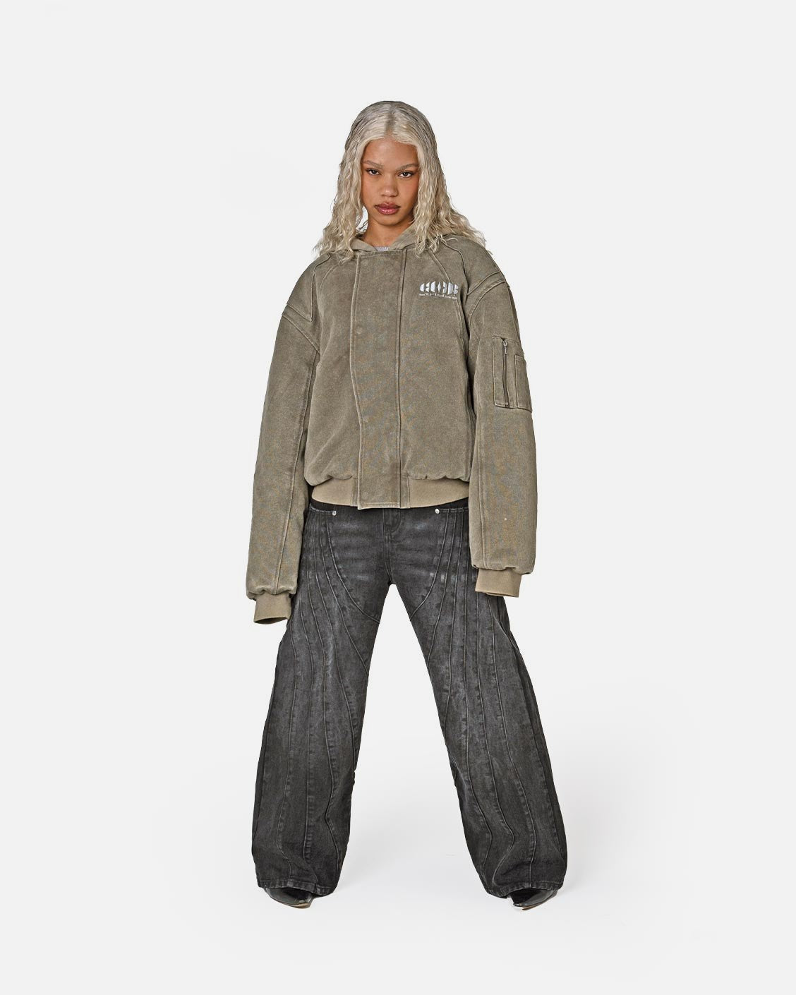 Puffed Bomber Jacket Olive, product view 4 on a light grey background