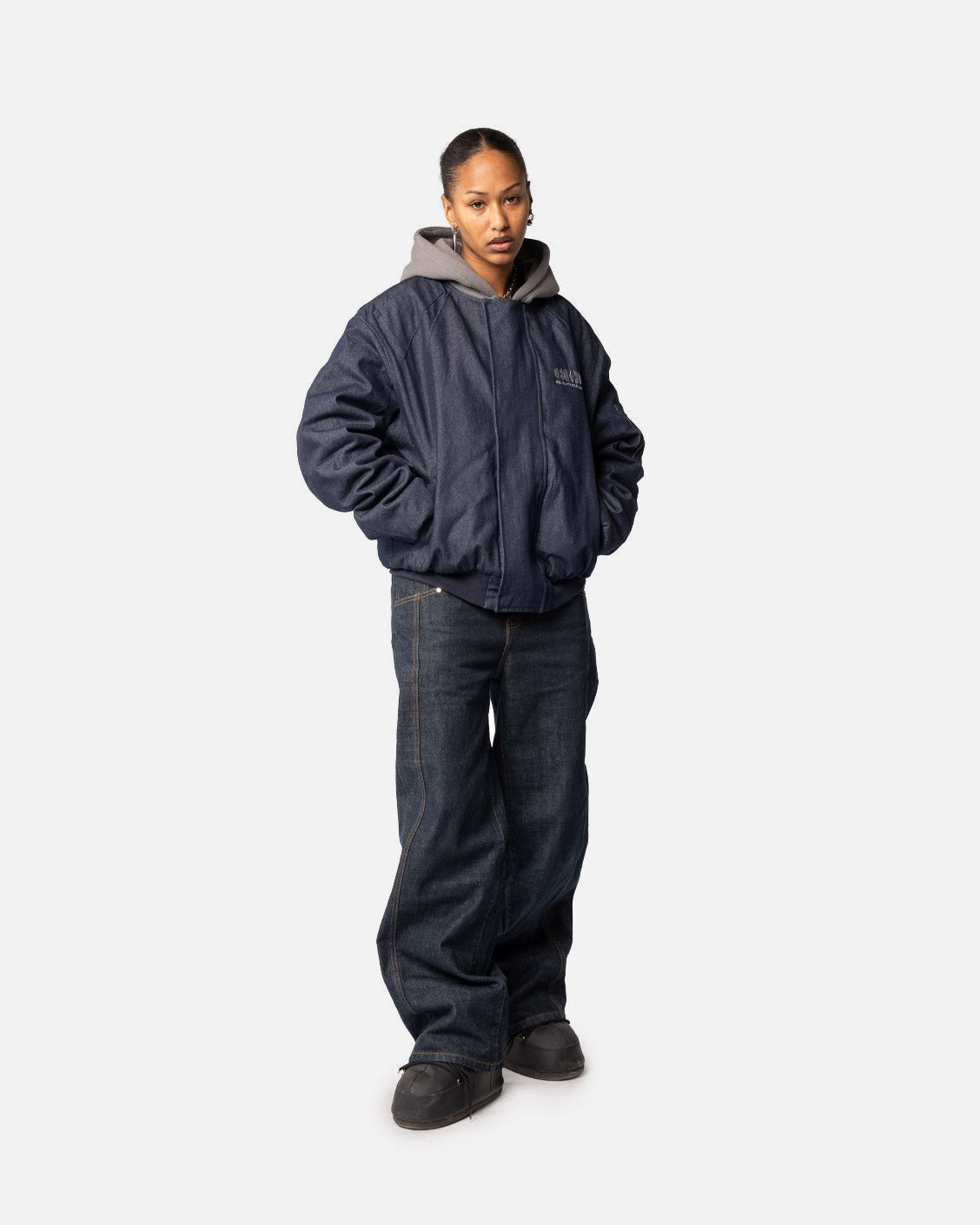 Puffed Raw Denim Bomber, product view 4 on a light grey background