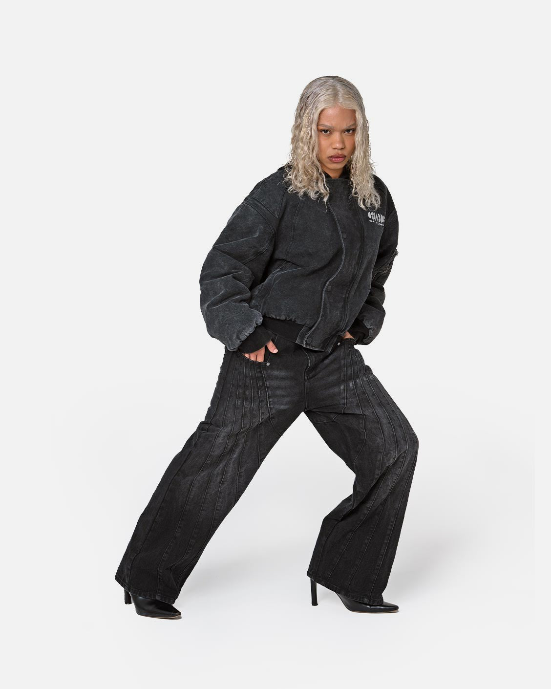 Puffed Bomber Jacket Black, product view 4 on a light grey background