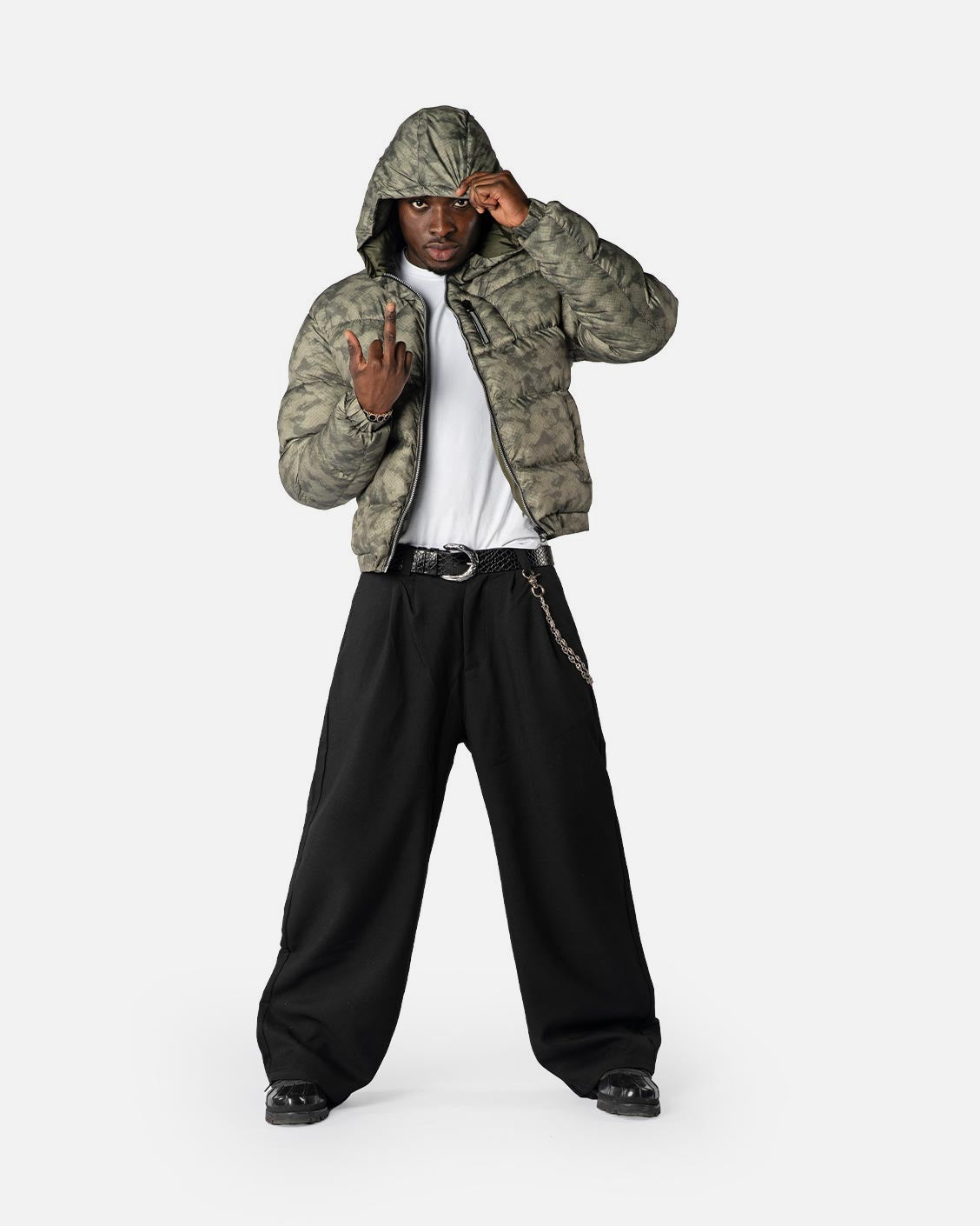 Reversible Snake Camou Puffer Olive, product view 8 on a light grey background