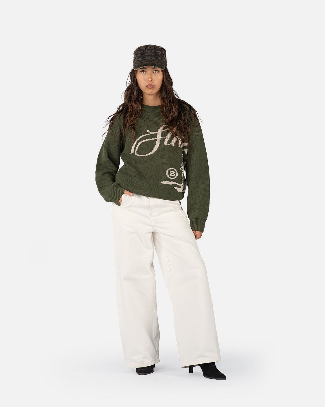 Echoes Knit Sweater Olive, product view 2 on a light grey background
