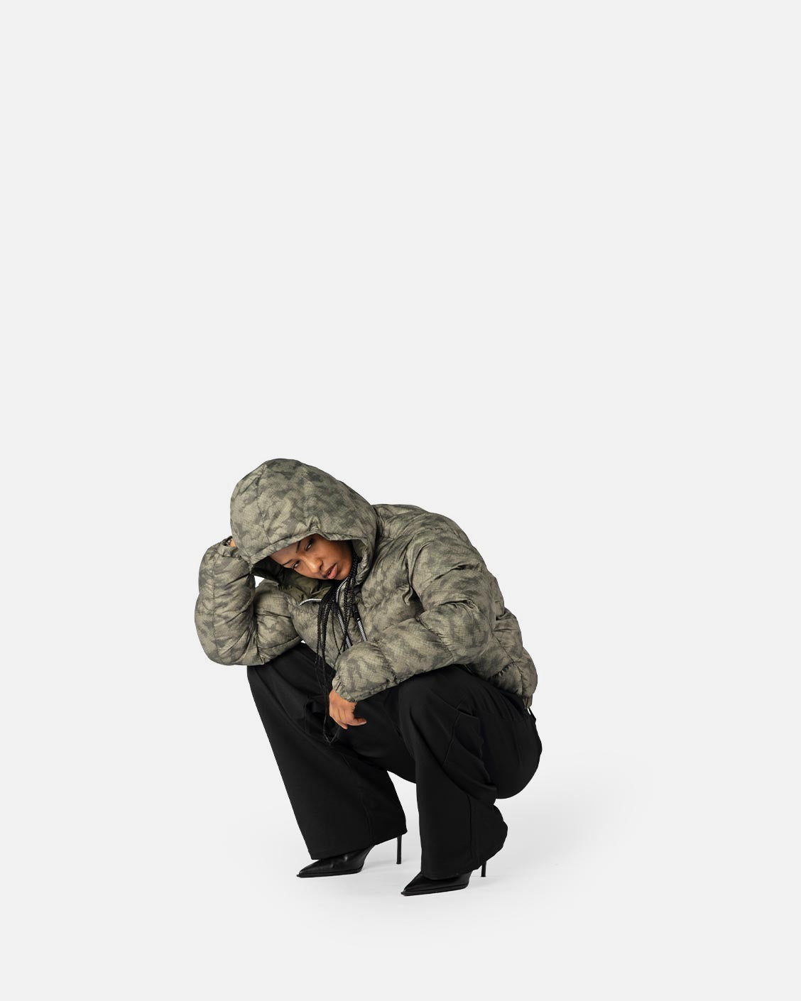 Reversible Snake Camou Puffer Olive, product view 5 on a light grey background
