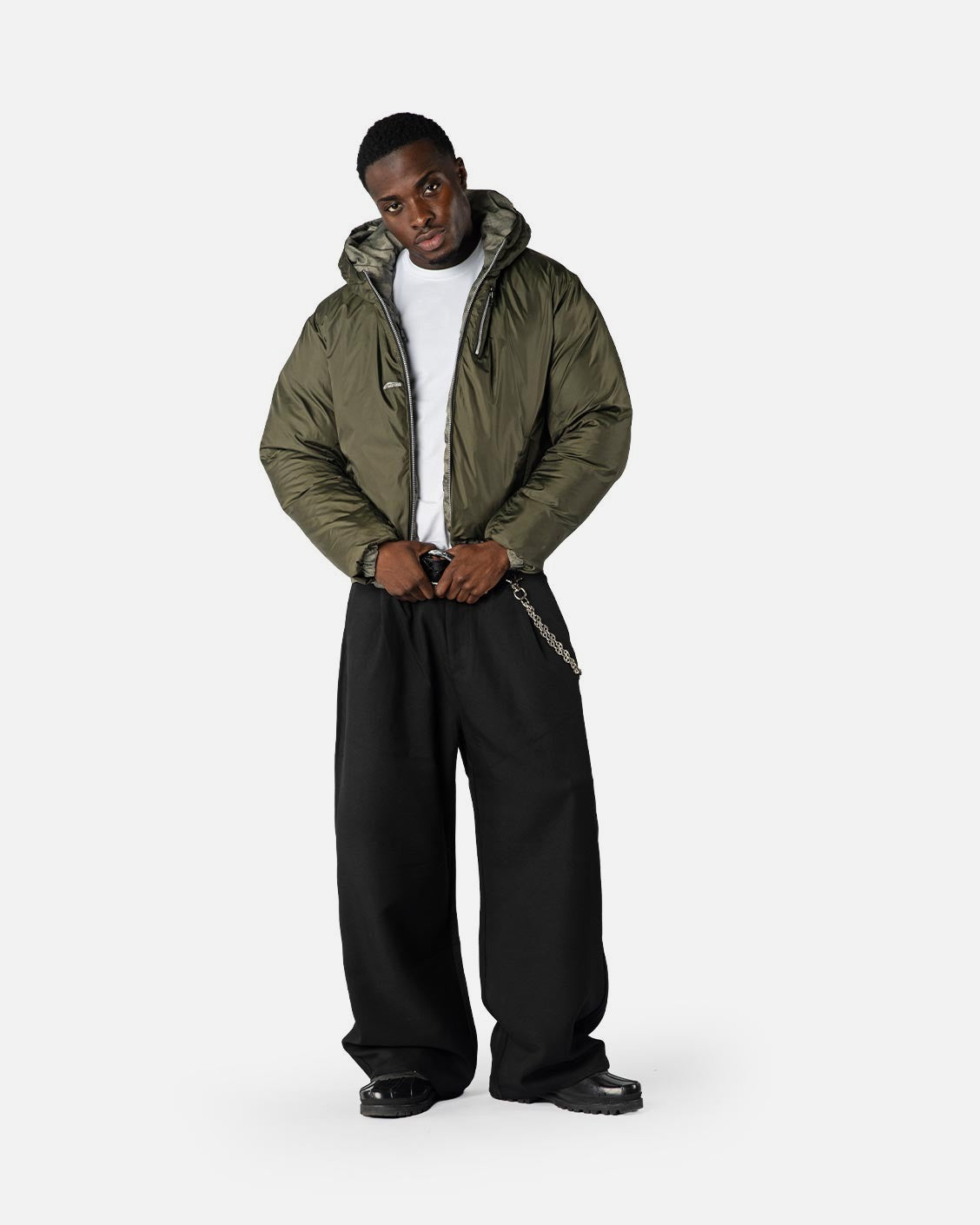 Reversible Snake Camou Puffer Olive, product view 4 on a light grey background