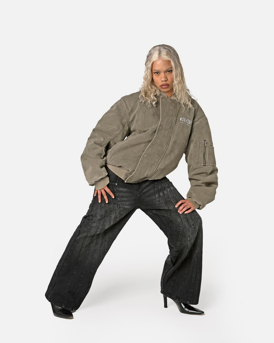 Puffed Bomber Jacket Olive, product view 2 on a light grey background