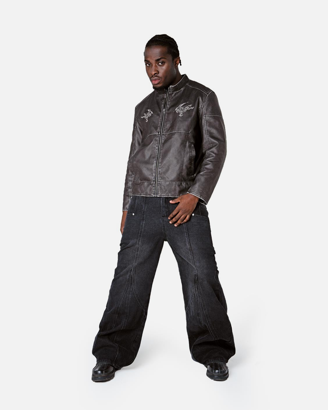 Biker Leather Jacket Vintage Black, product view 1 on a light grey background