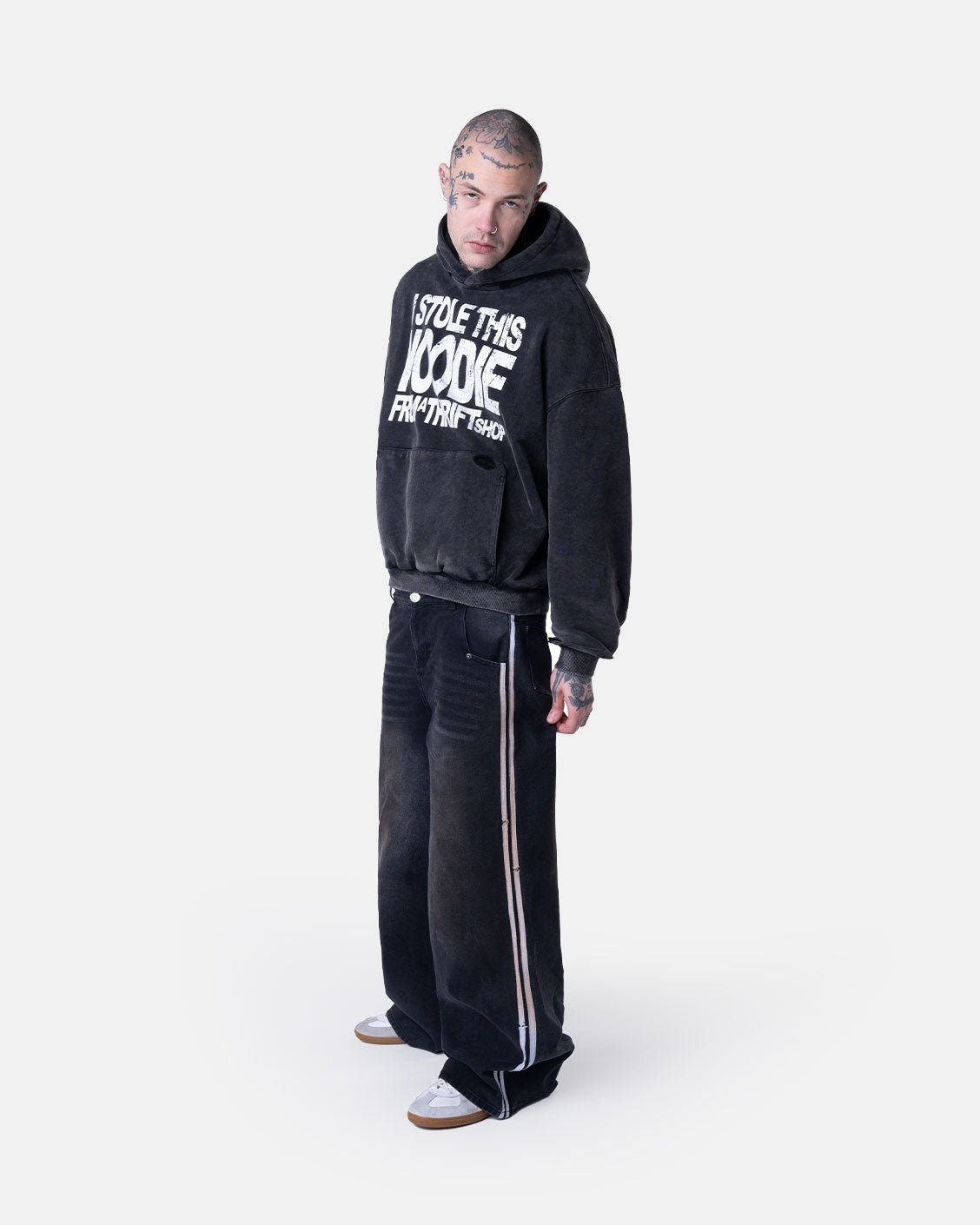 Thrift Hoodie Washed Black, product view 2 on a light grey background