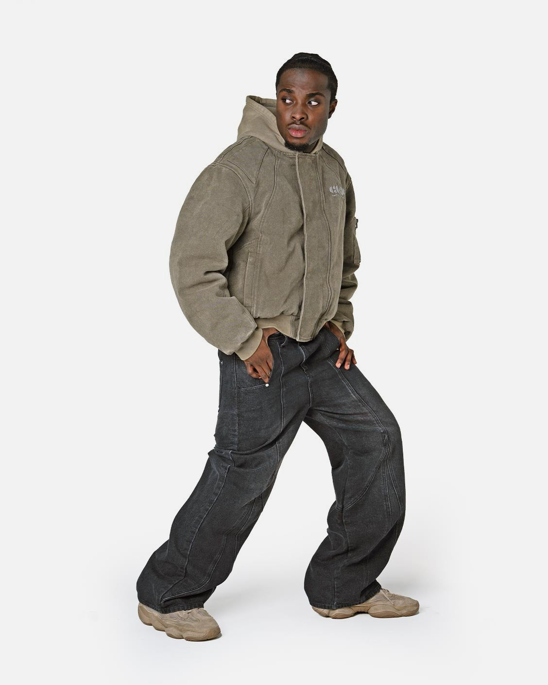 Puffed Bomber Jacket Olive, product view 3 on a light grey background