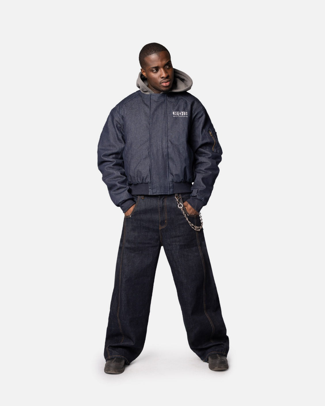 Puffed Raw Denim Bomber, product view 1 on a light grey background
