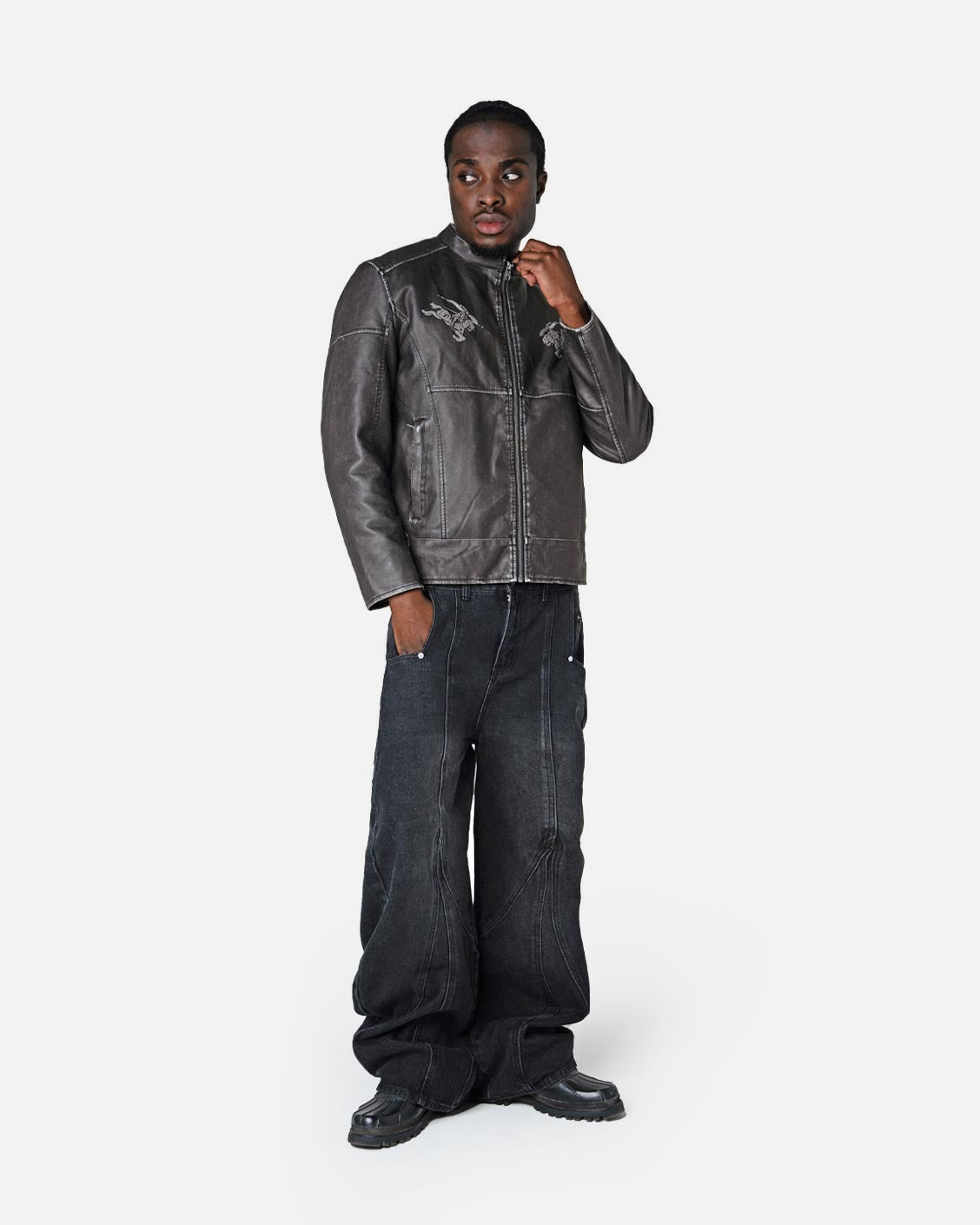 Biker Leather Jacket Vintage Black, product view 5 on a light grey background