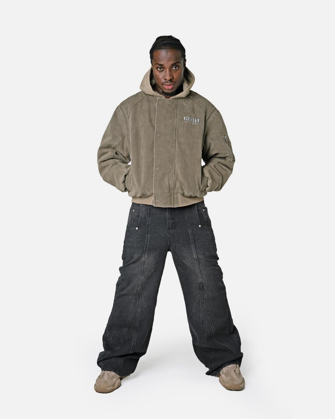 Puffed Bomber Jacket Olive, product view 1 on a light grey background
