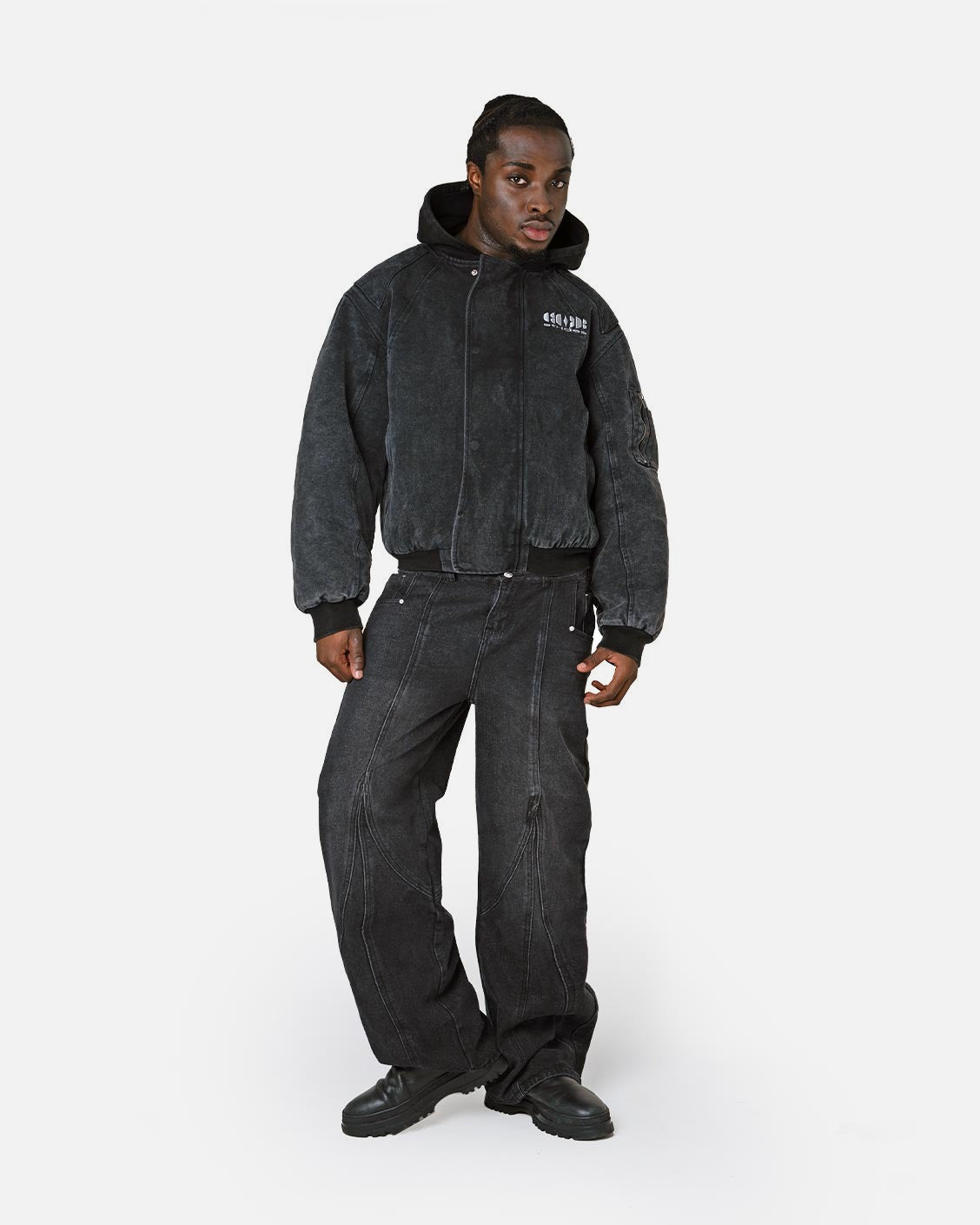 Puffed Bomber Jacket Black, product view 3 on a light grey background