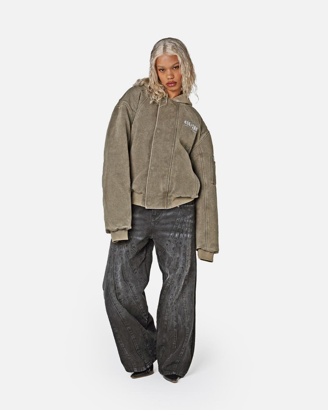 Puffed Bomber Jacket Olive, product view 6 on a light grey background