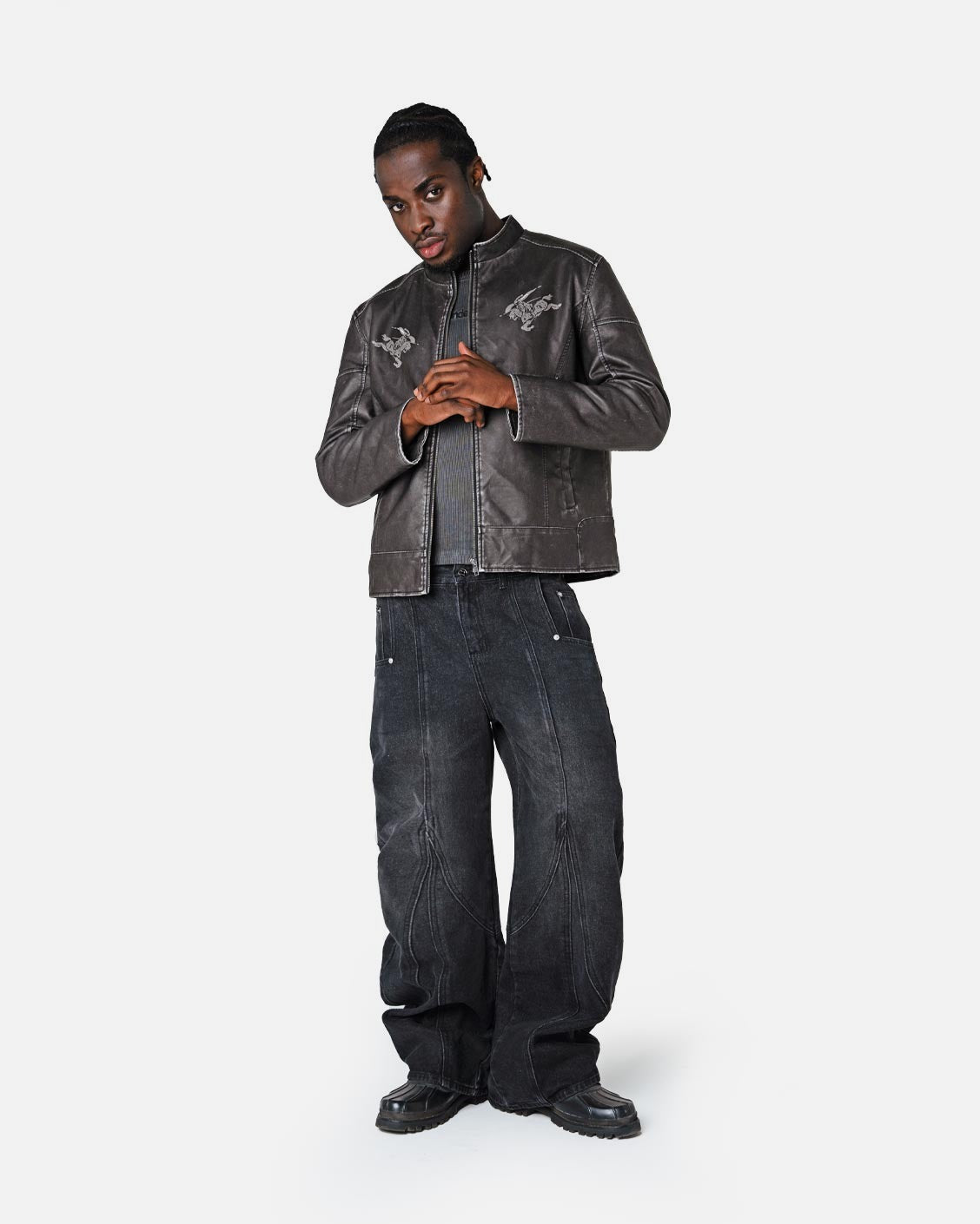 Biker Leather Jacket Vintage Black, product view 3 on a light grey background