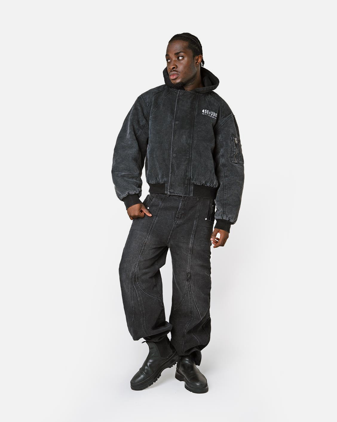 Puffed Bomber Jacket Black, product view 1 on a light grey background