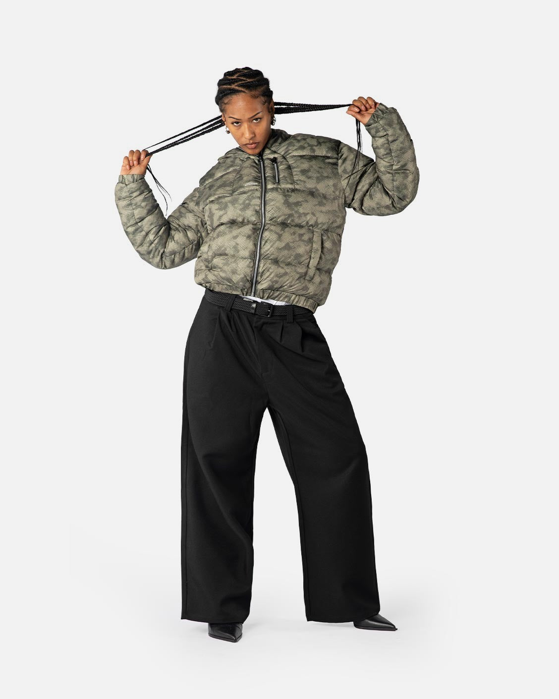 Reversible Snake Camou Puffer Olive, product view 9 on a light grey background