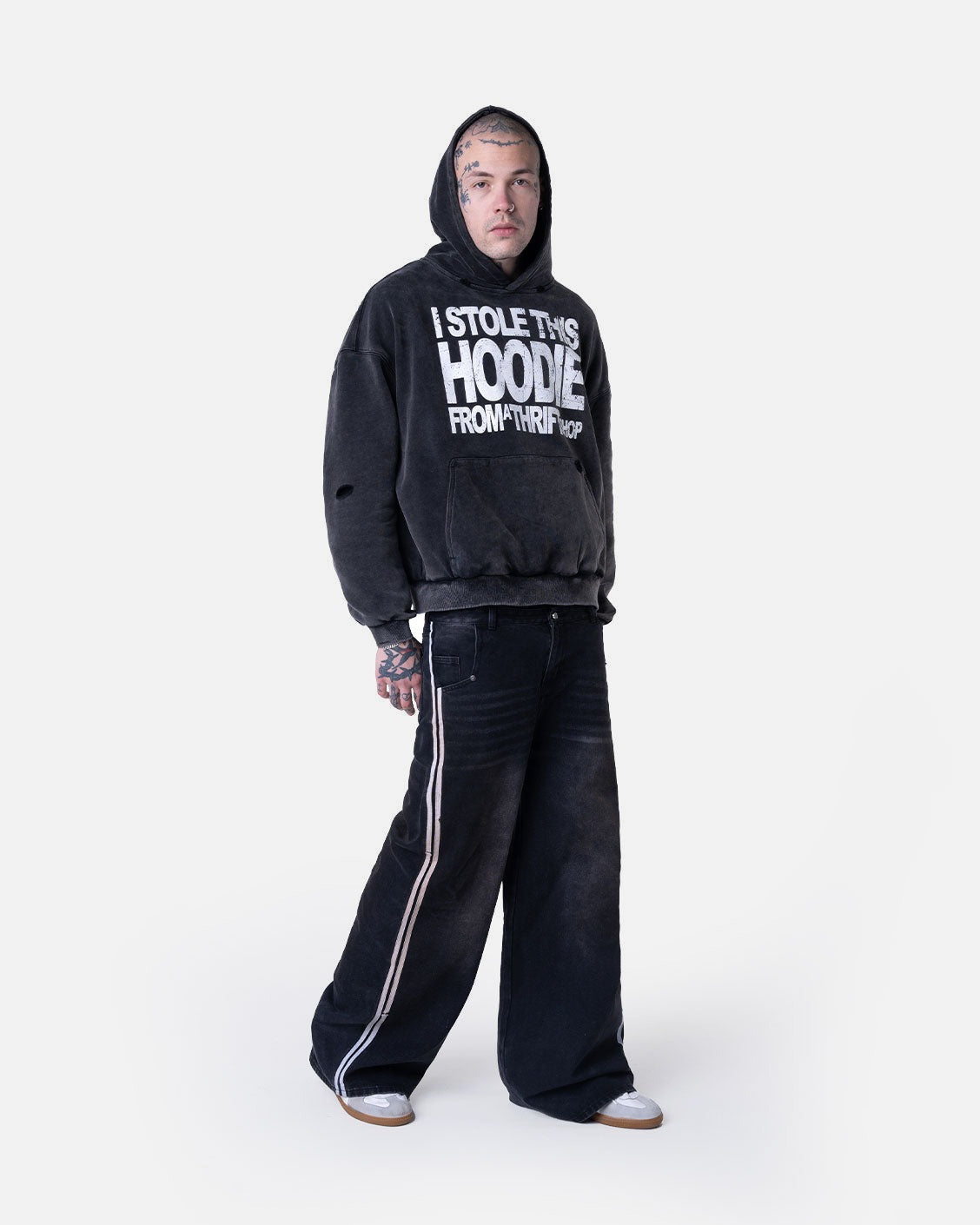 Thrift Hoodie Washed Black, product view 4 on a light grey background