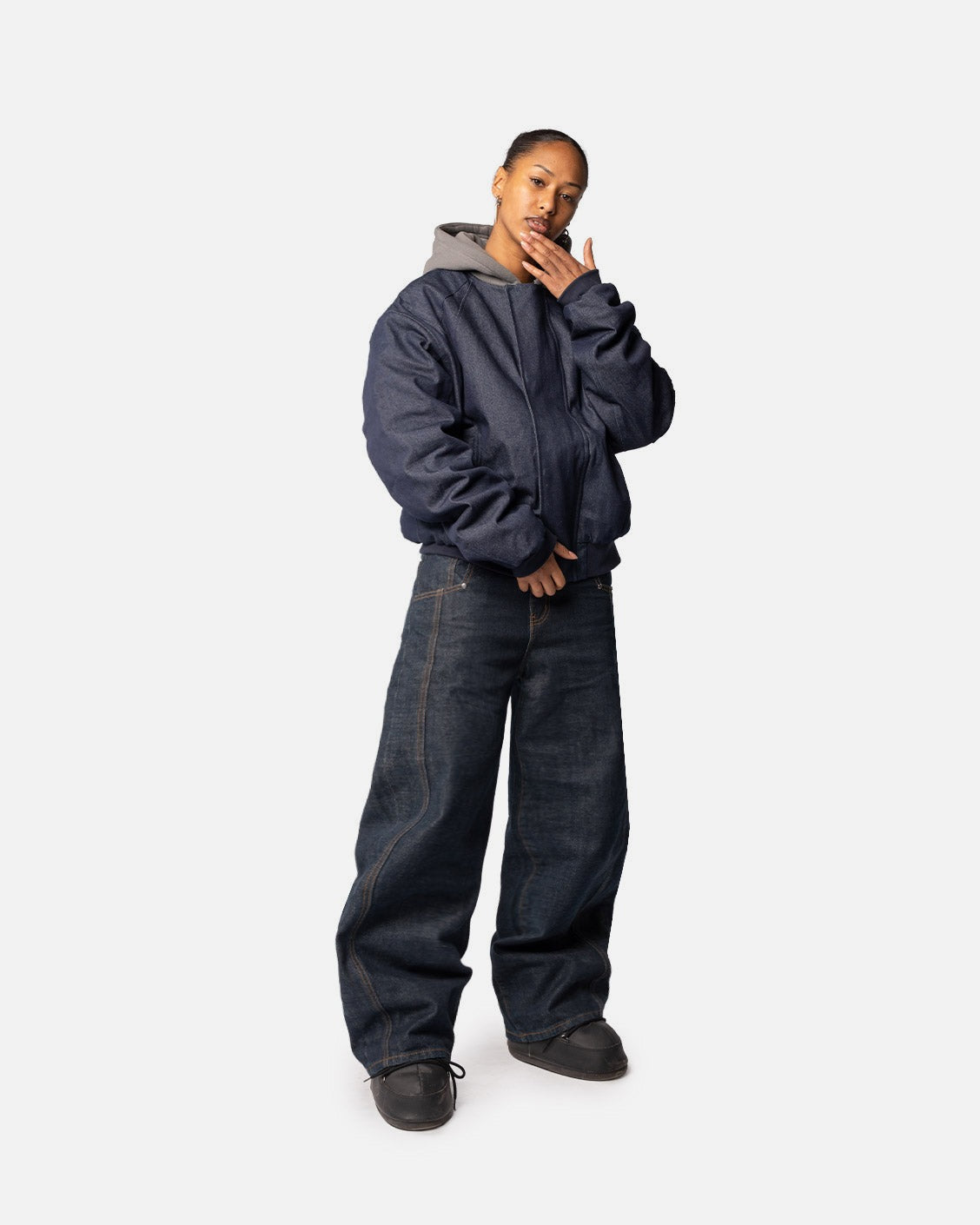 Puffed Raw Denim Bomber, product view 2 on a light grey background