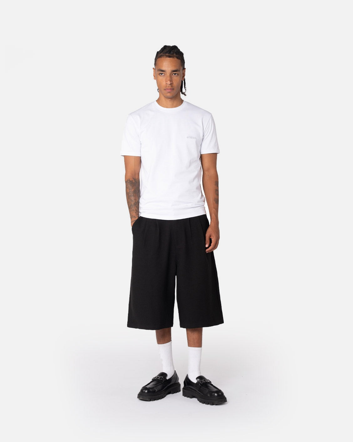 Tailored Pleat Shorts Black, product view 2 on a light grey background