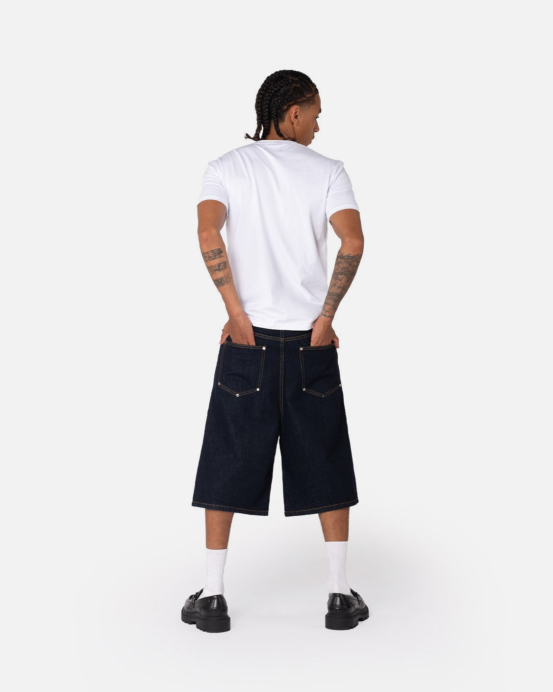 Raw Denim Rivet Jorts, product view 2 on a light grey background