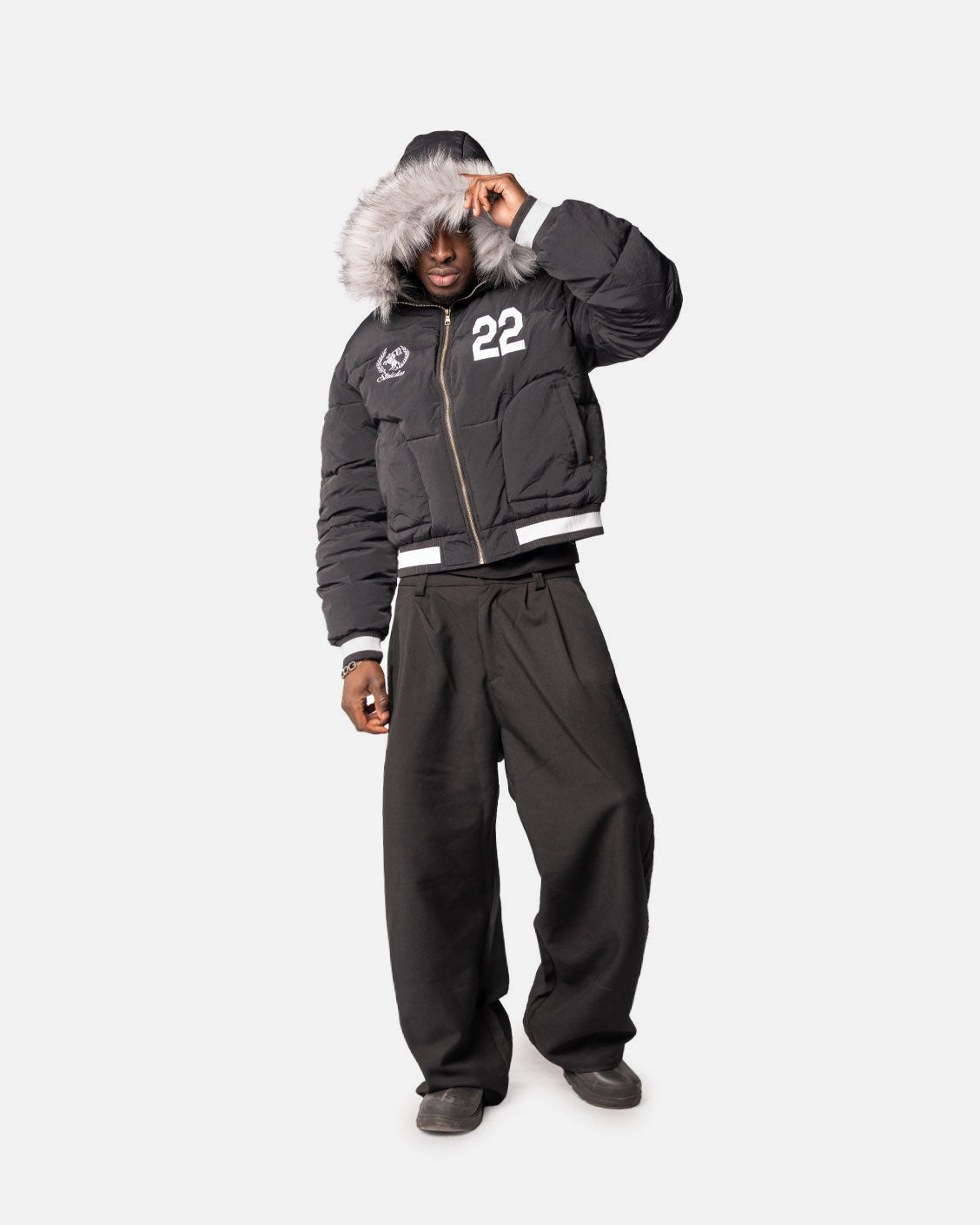 Royal Fur Puffer Black, product view 3 on a light grey background