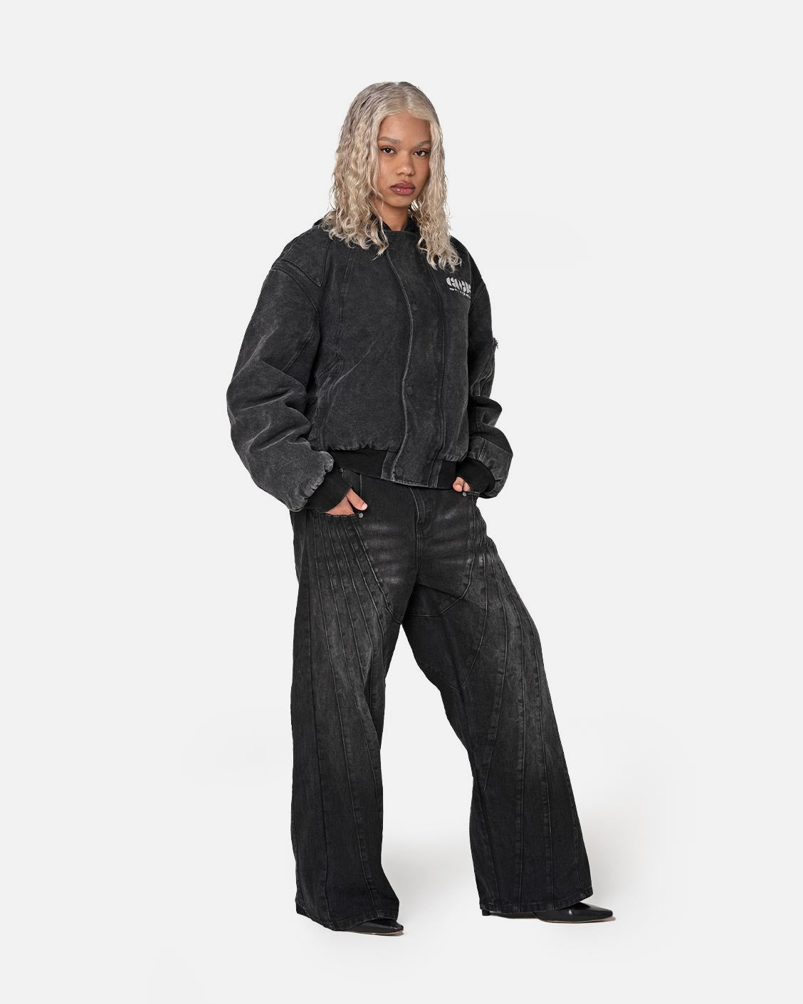 Puffed Bomber Jacket Black, product view 2 on a light grey background