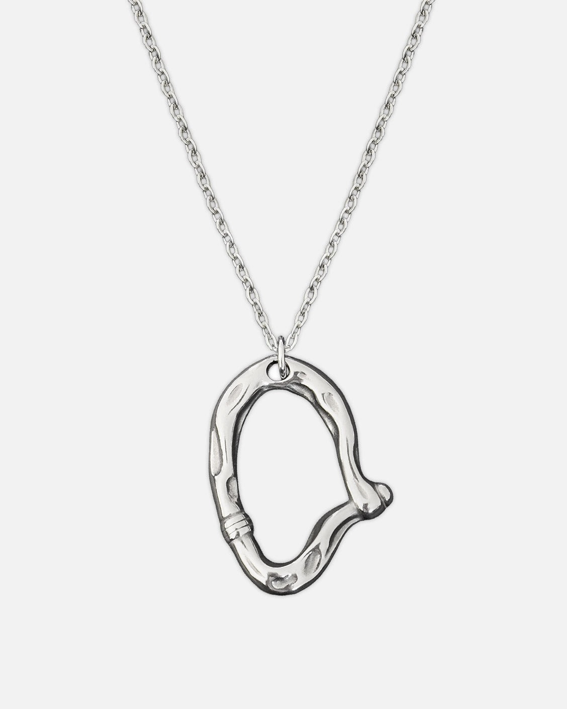 Silver carabiner pendant on a chain against a white background