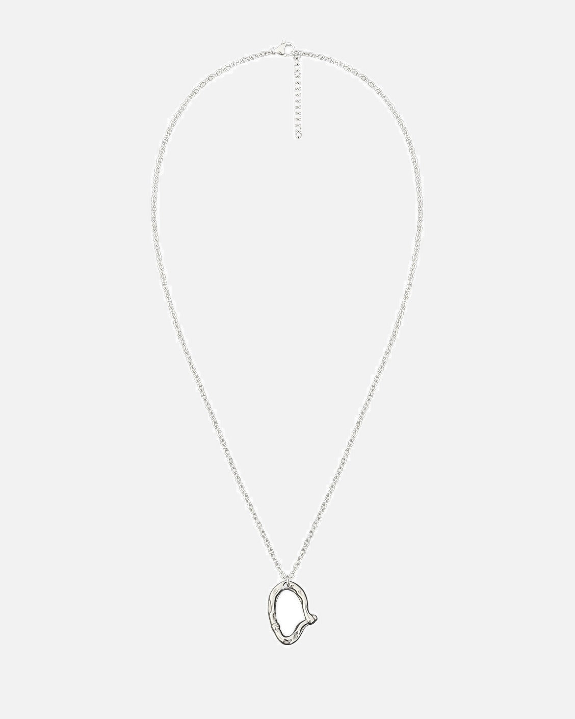 Silver necklace with a unique pendant on a white background