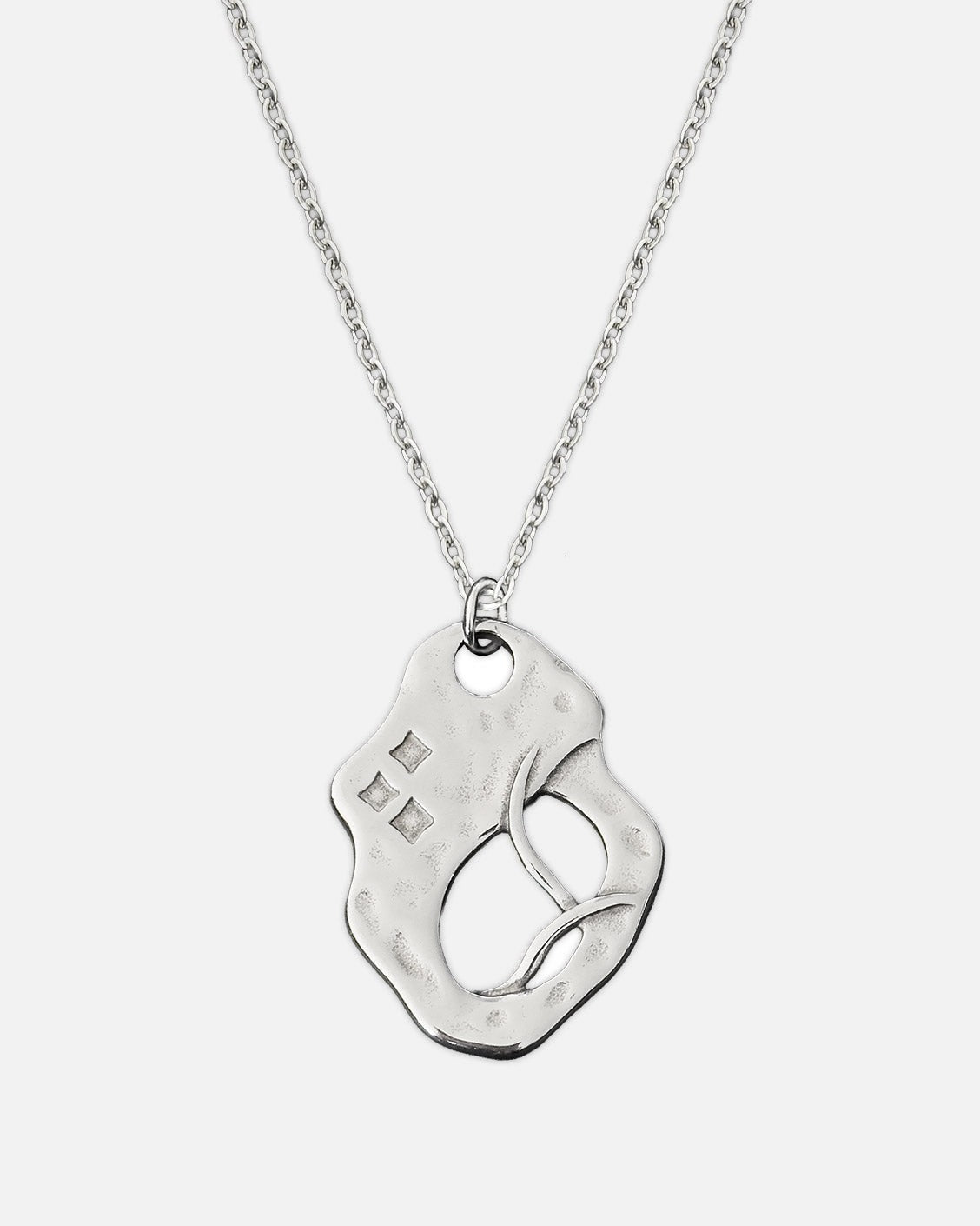 Silver handcuff-shaped pendant on a chain against a white background