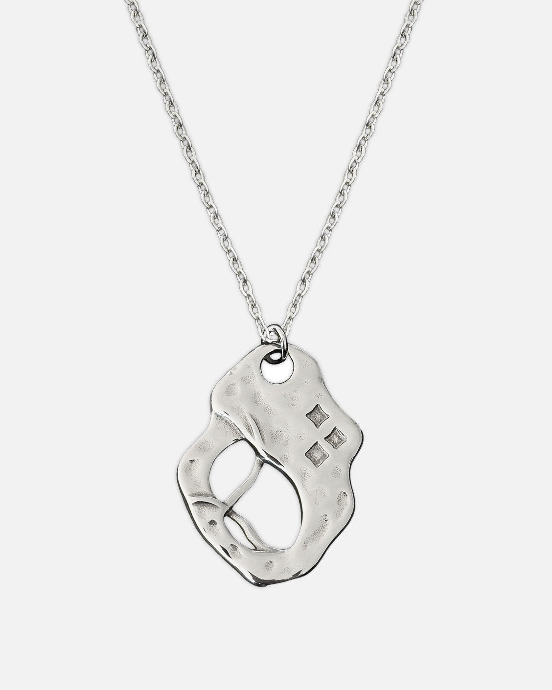 Silver necklace with a unique pendant on a white background