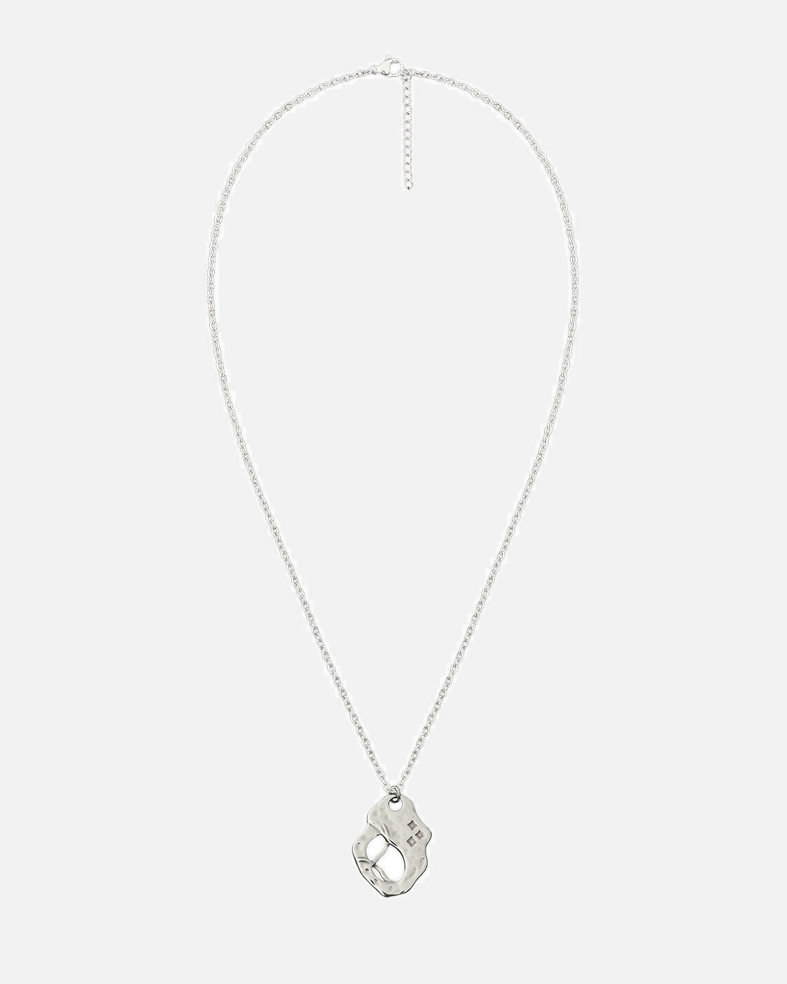 Silver necklace with a unique pendant on a white background