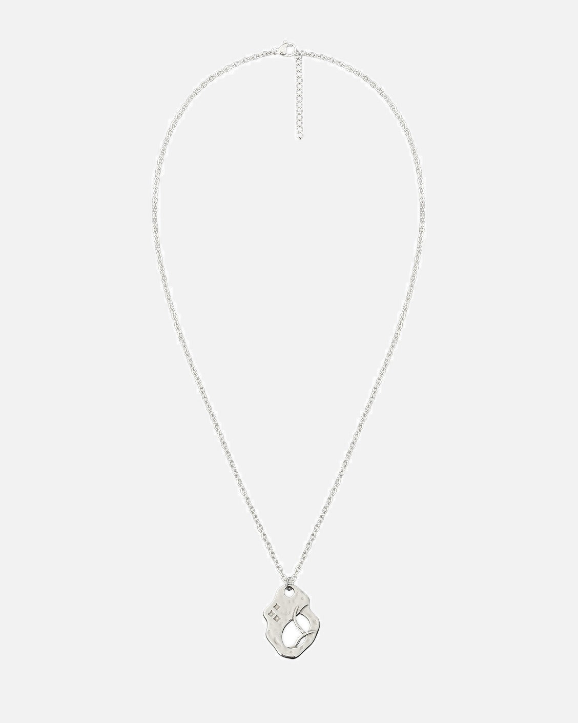 Silver necklace with a unique pendant on a white background